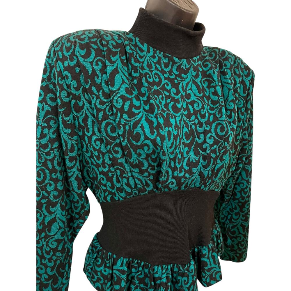 Vintage 80s All That Jazz Teal Damask Peplum Sweater Mock Neck M